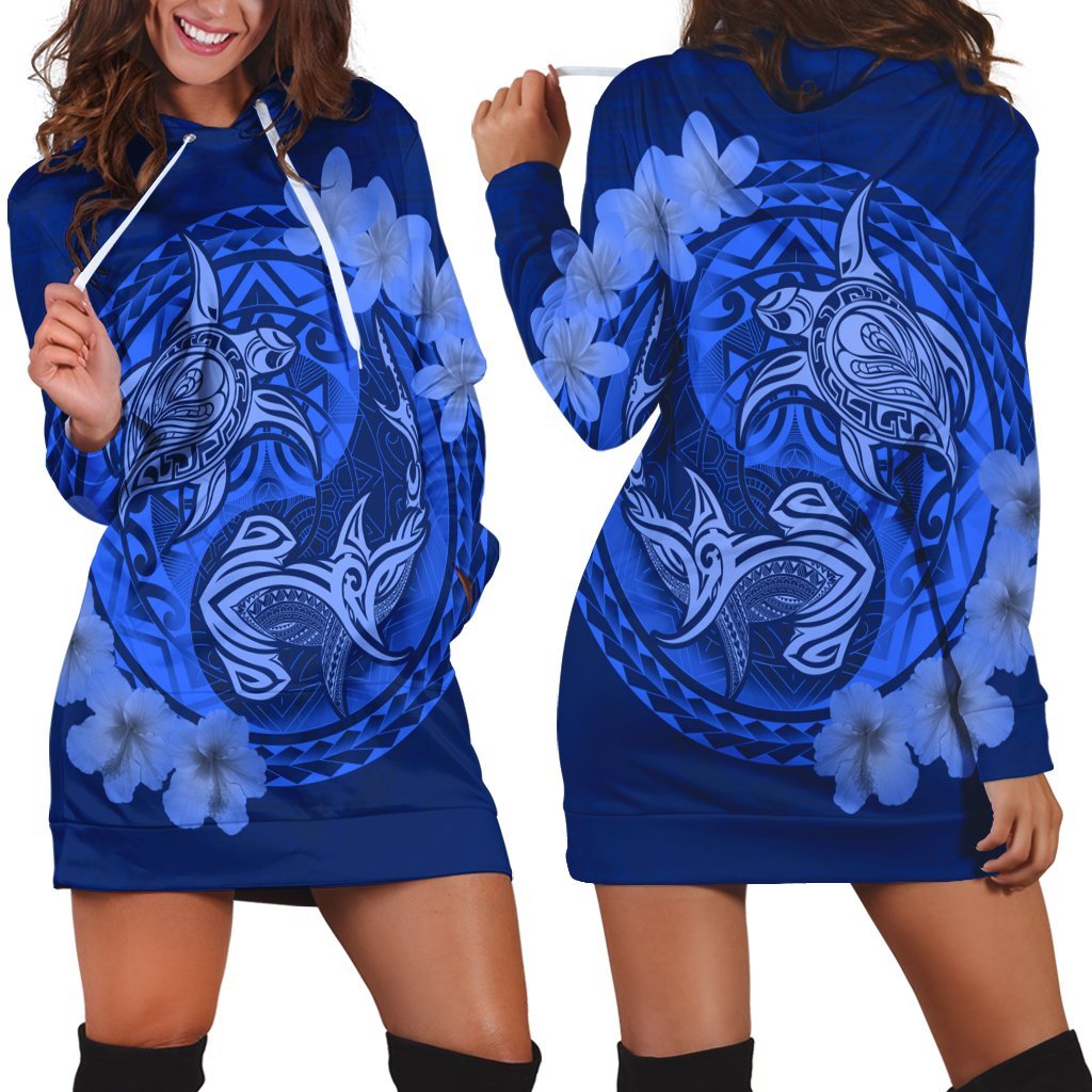 Hawaii Yin Yang Turtle Shark Hibiscus Plumeria Hoodie Dress - Blue - AH Black - Polynesian Pride