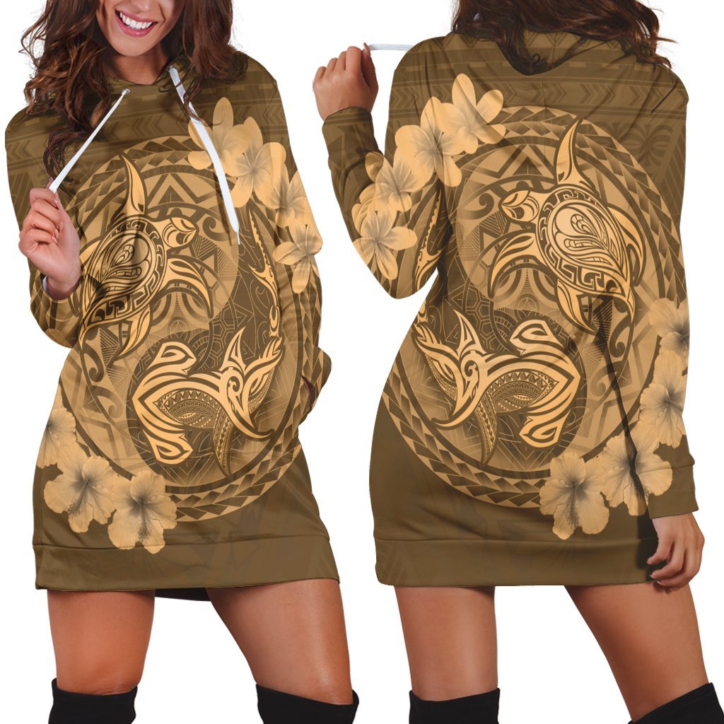 Hawaii Yin Yang Turtle Shark Hibiscus Plumeria Hoodie Dress - Gold - AH Black - Polynesian Pride