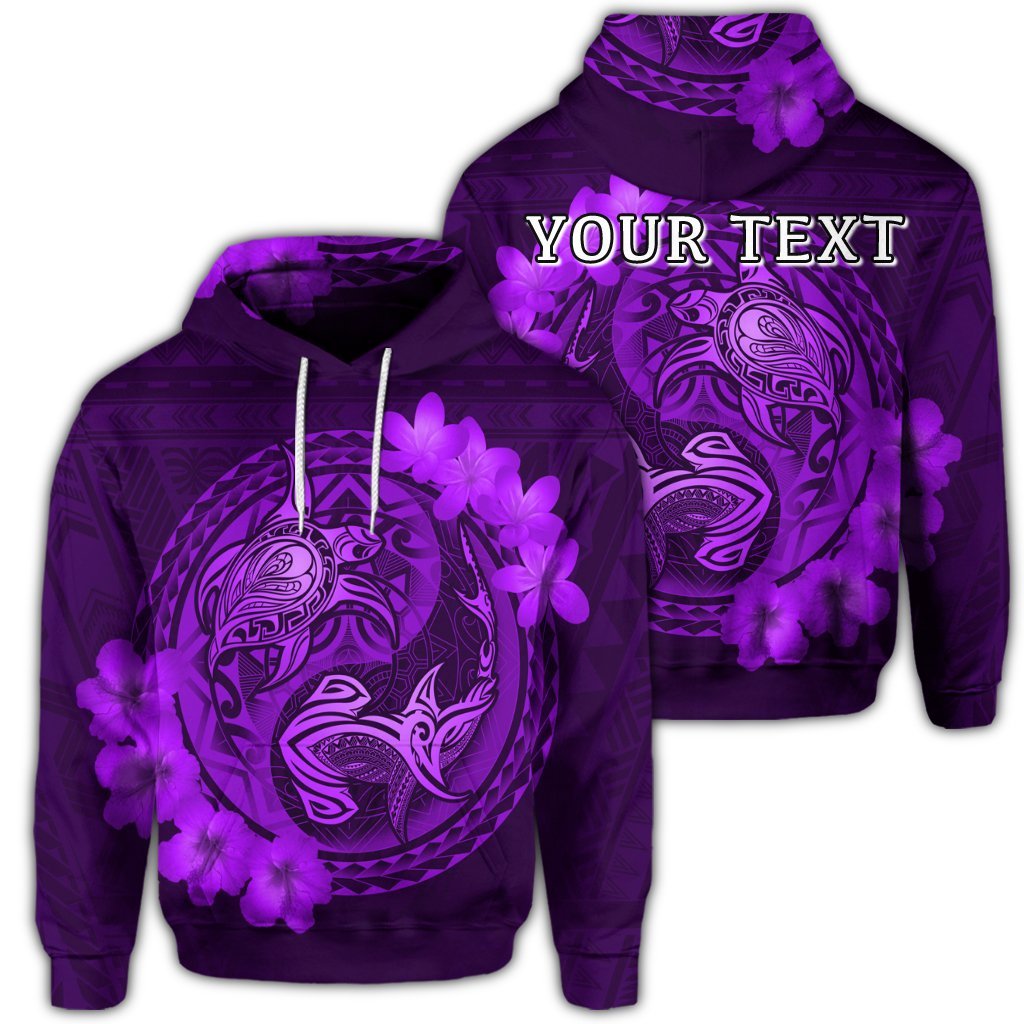 Custom Hawaii Yin Yang Turtle Shark Hibiscus Plumeria Hoodie Purple Unisex Art - Polynesian Pride