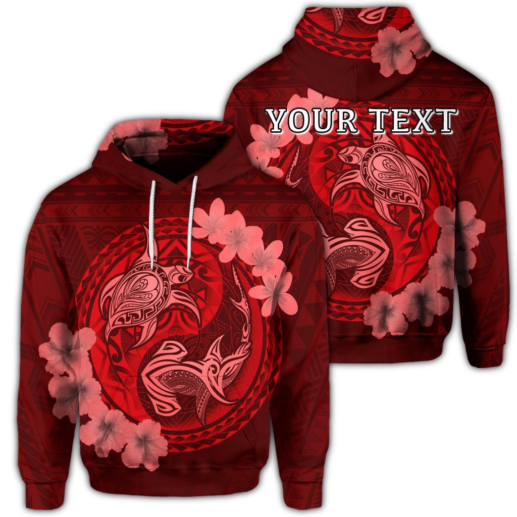 Custom Hawaii Yin Yang Turtle Shark Hibiscus Plumeria Hoodie Red Unisex Art - Polynesian Pride