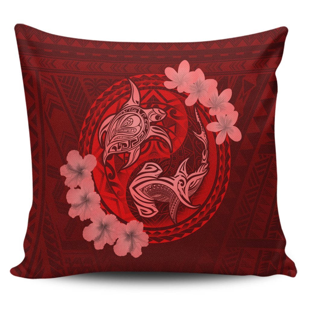 Hawaii Yin Yang Turtle Shark Hibiscus Plumeria Pillow Covers - Red - AH Pillow Covers Black - Polynesian Pride