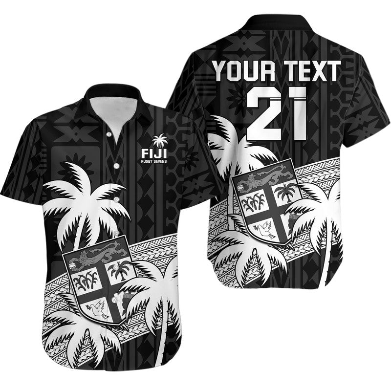 (Custom Text And Number) Fiji Rugby Sevens Hawaiian Shirt Tapa Palm Tree and Fijian Coat of Arms LT9 Blue - Polynesian Pride