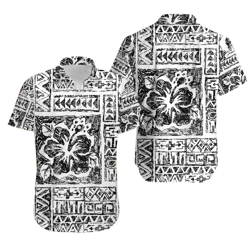 Fiji Tribal Black Hawaiian Shirt Triple Hibiscus Tapa Style LT9 White - Polynesian Pride