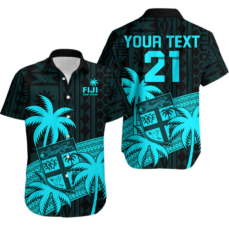 (Custom Personalised) Fiji Rugby Sevens Hawaiian Shirt Tapa Palm Tree and Fijian Coat of Arms LT9 Blue - Polynesian Pride