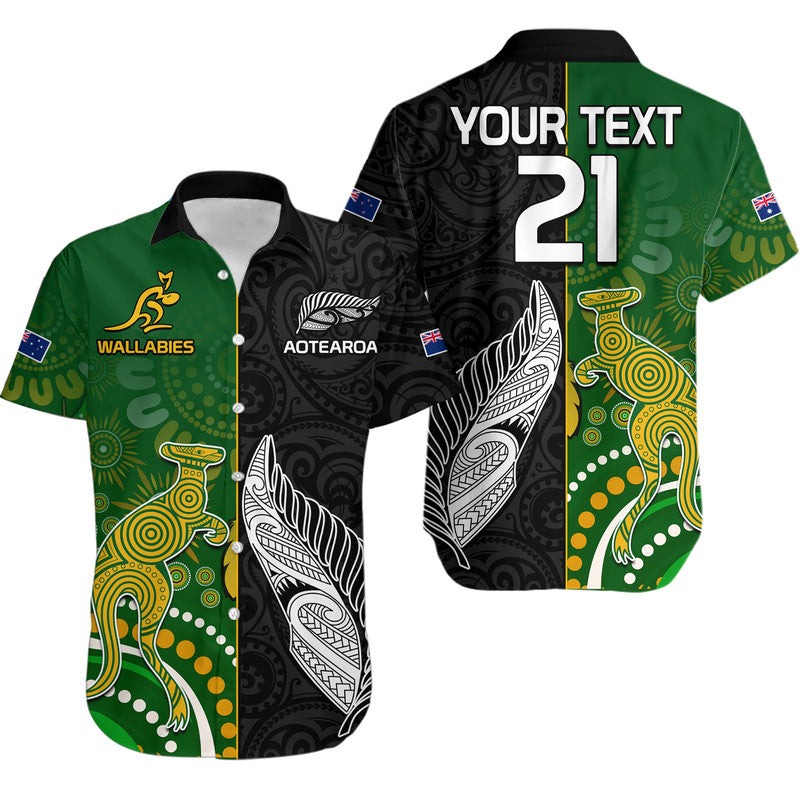 Aotearoa Rugby All Black Combine Australia Wallabies Hawaiian Shirt Aboriginal Kangaroo And Maori Fern LT9 Adult - Polynesian Pride
