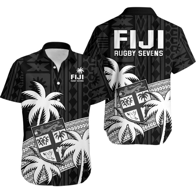 Fiji Rugby Sevens Hawaiian Shirt Tapa Palm Tree and Fijian Coat of Arms LT9 Blue - Polynesian Pride