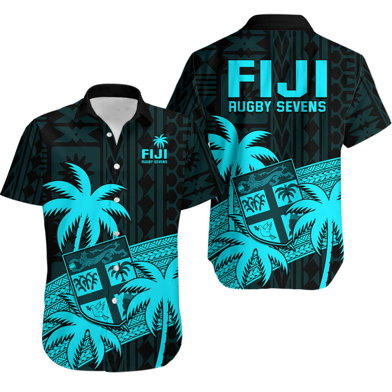 Fiji Rugby Sevens Hawaiian Shirt Tapa Palm Tree and Fijian Coat of Arms LT9 Blue - Polynesian Pride