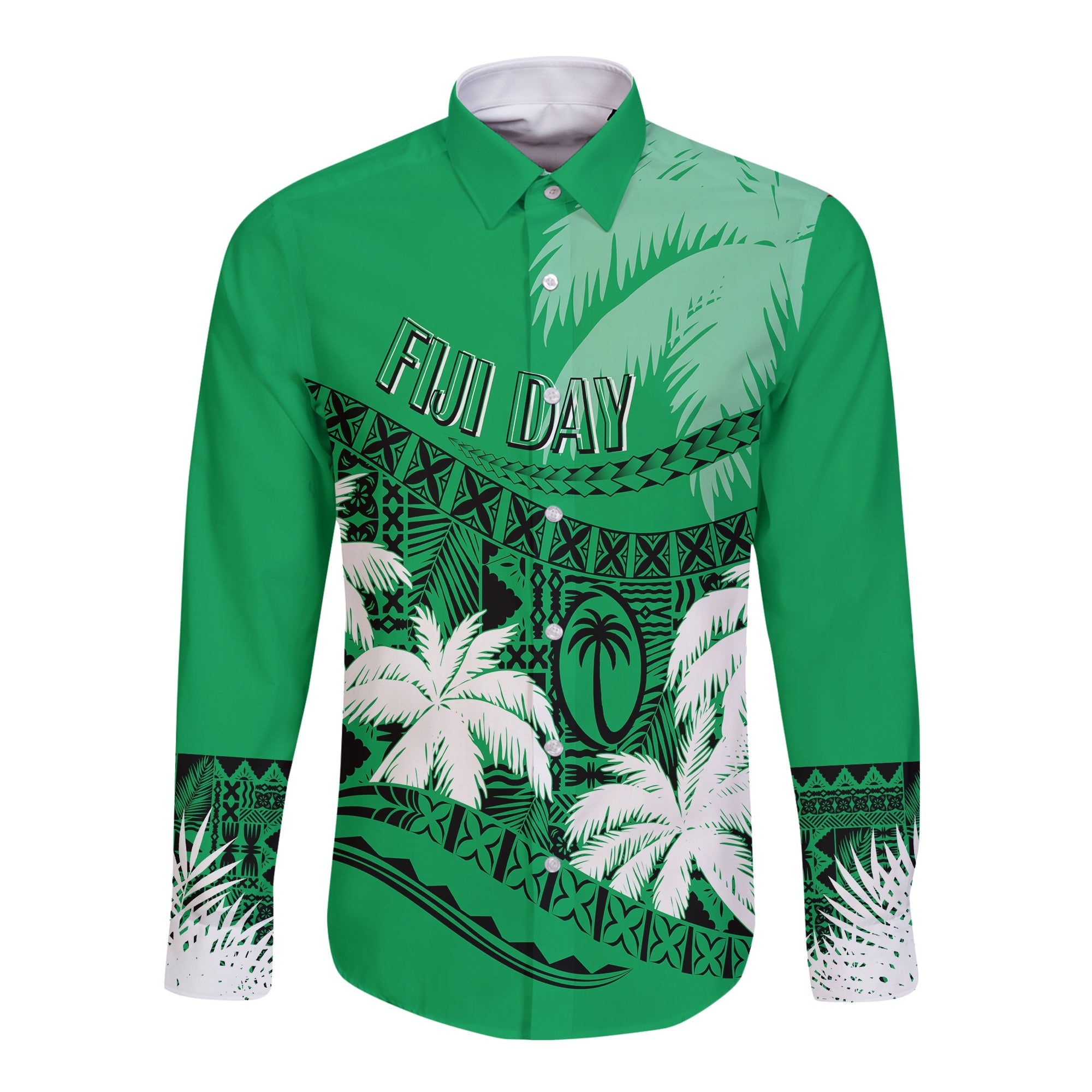 Personalised Fiji Day Long Sleeves Button Shirt Flying Fijians Masi Kesa Style - Green LT7 Unisex Green - Polynesian Pride