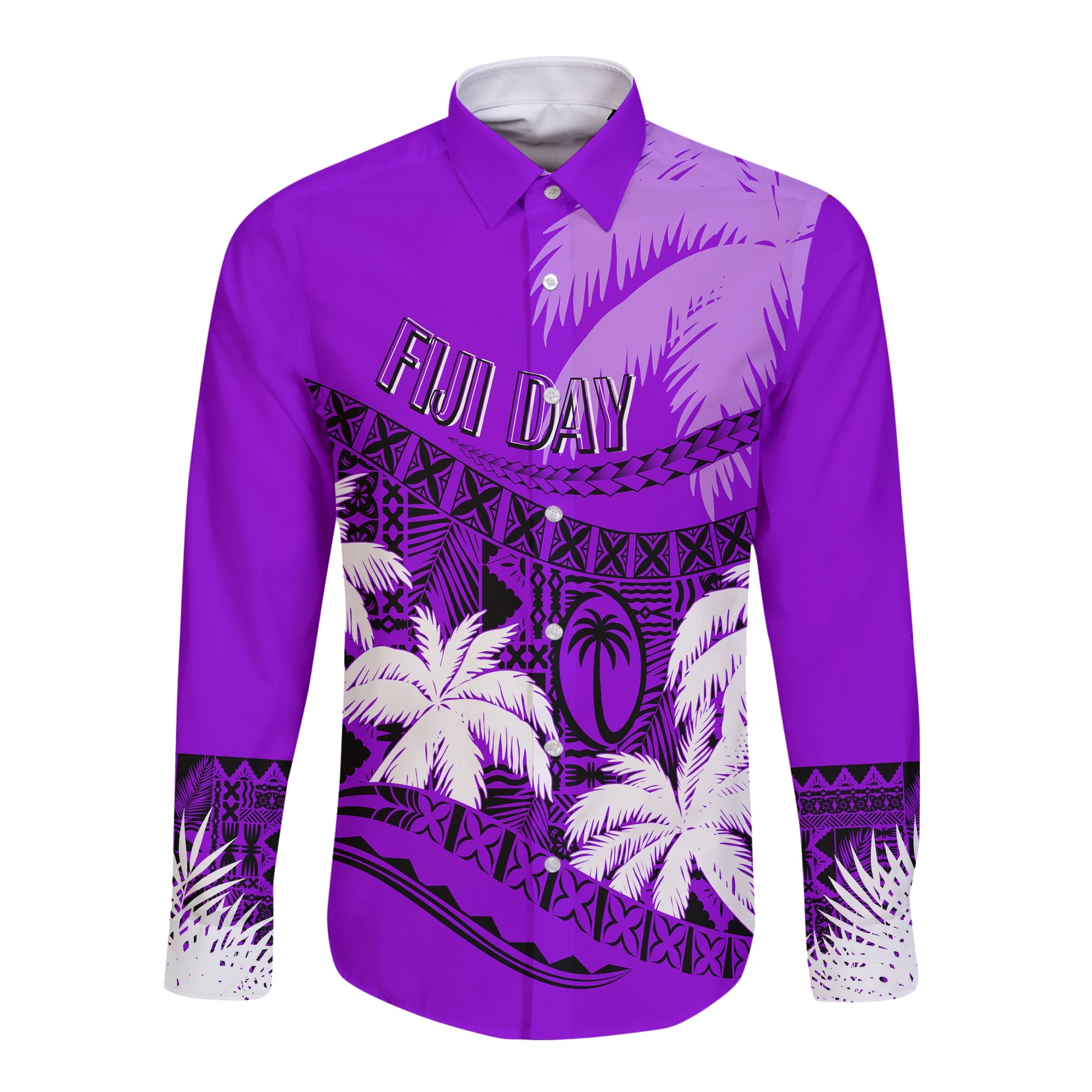 Personalised Fiji Day Long Sleeves Button Shirt Flying Fijians Masi Kesa Style - Violet LT7 Unisex Violet - Polynesian Pride