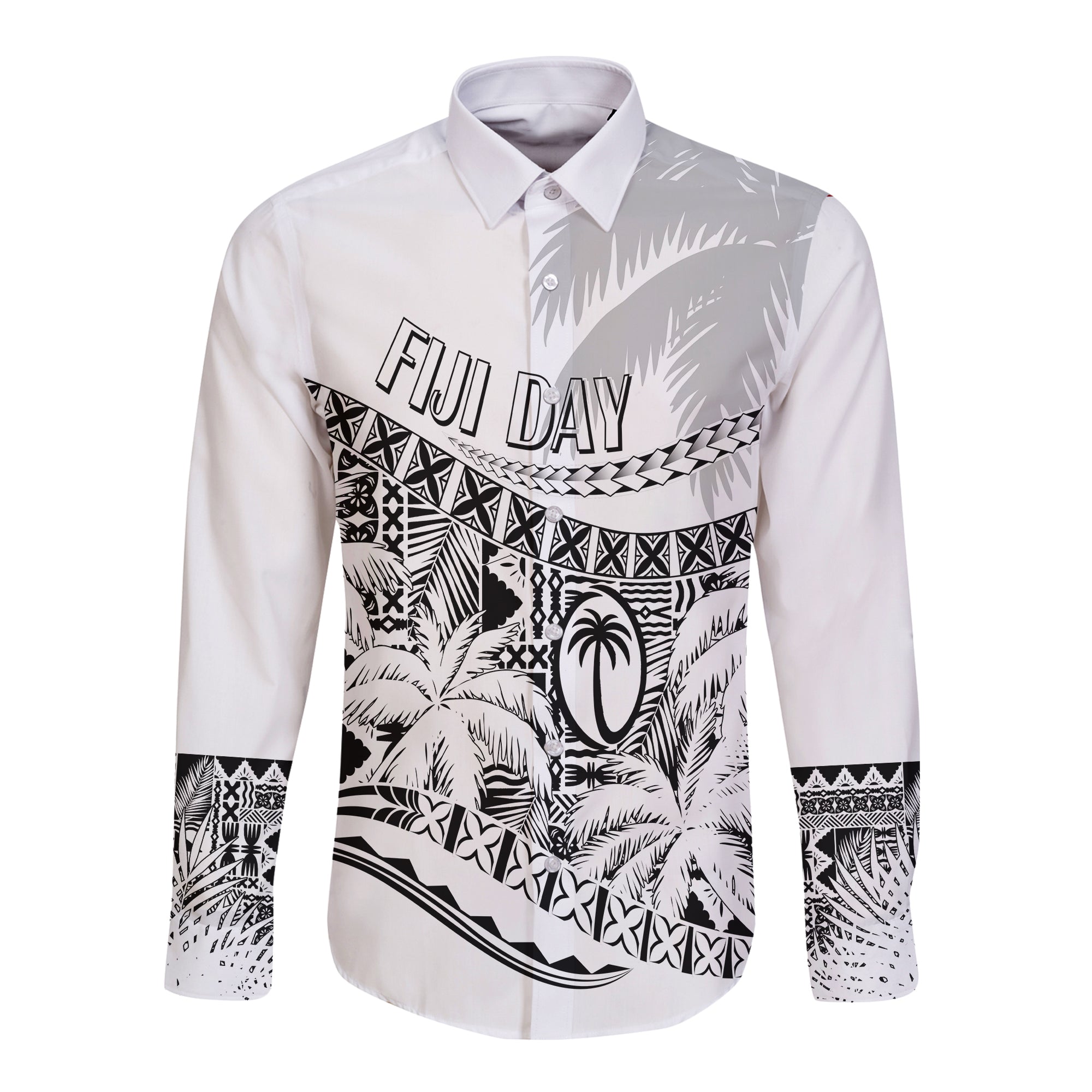 Personalised Fiji Day Long Sleeves Button Shirt Flying Fijians Masi Kesa Style - White LT7 Unisex White - Polynesian Pride