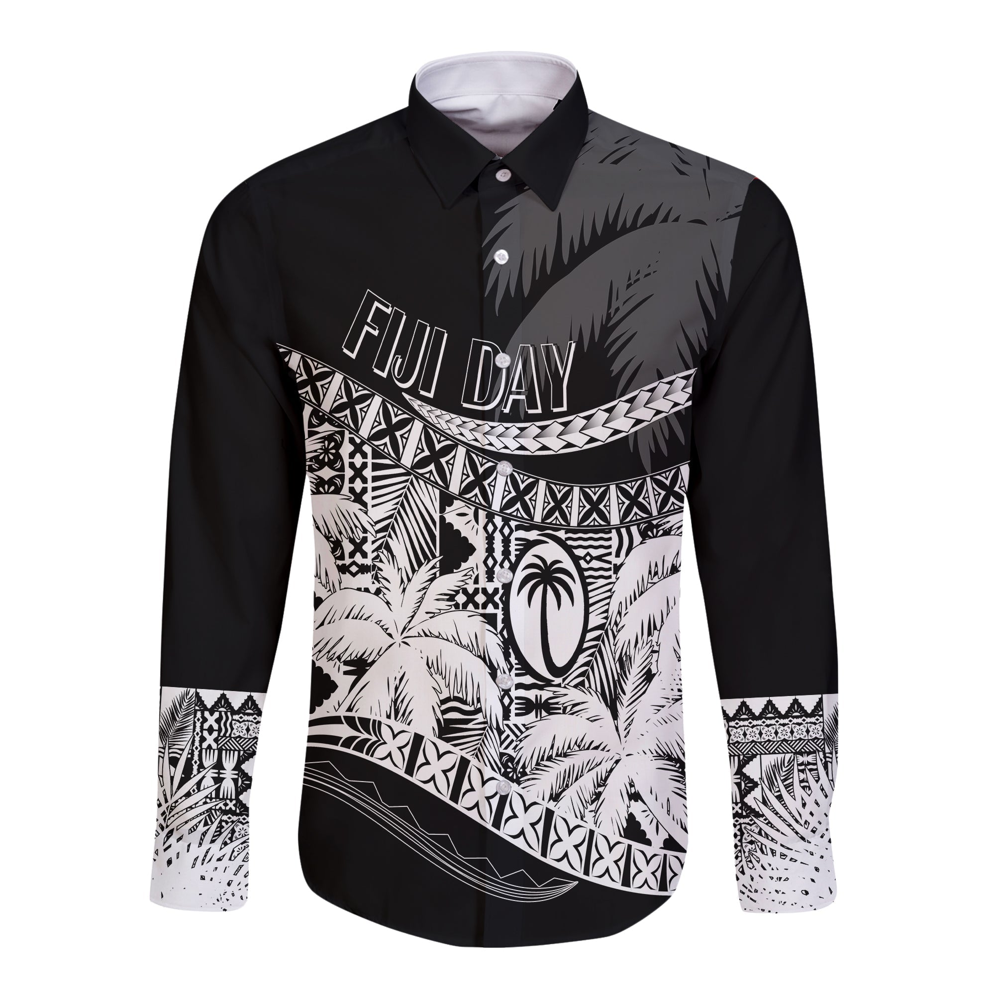 Personalised Fiji Day Long Sleeves Button Shirt Flying Fijians Masi Kesa Style - Black LT7 Unisex Black - Polynesian Pride