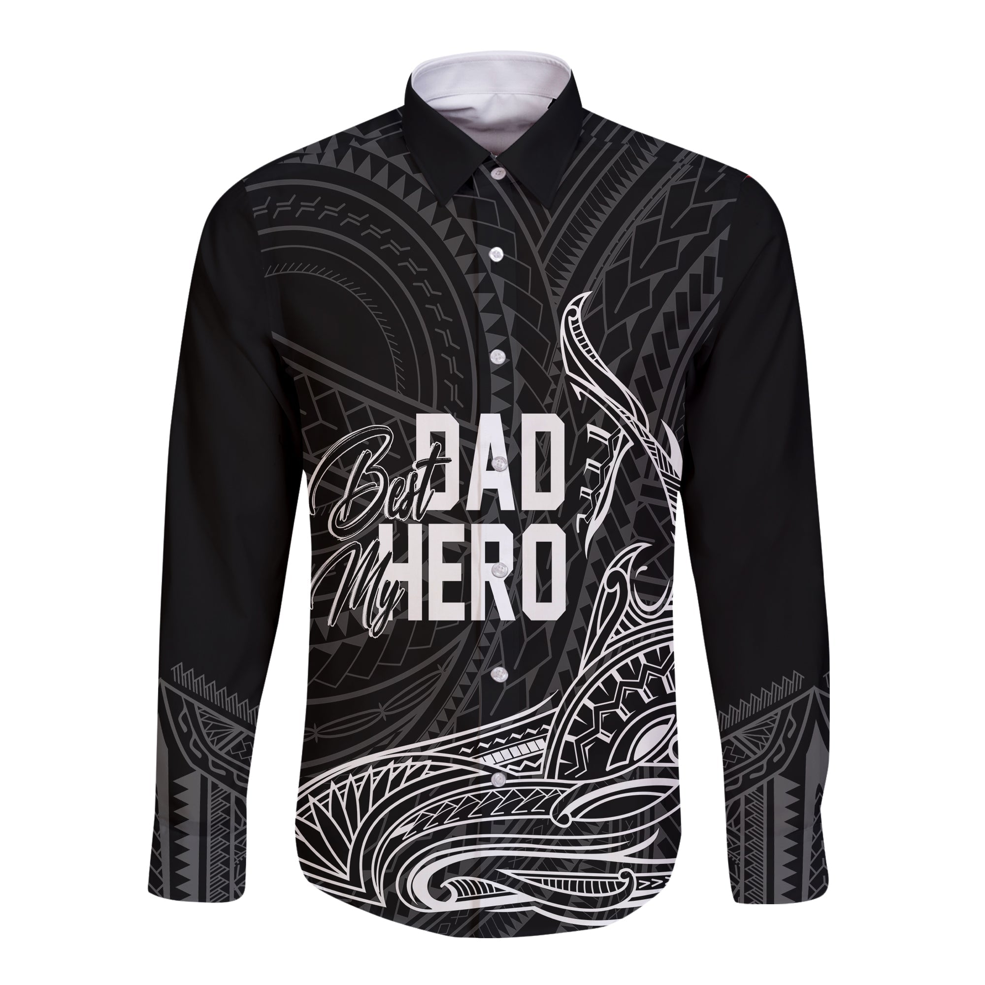 Fathers Day Polynesian Personalised Long Sleeves Button Shirt My Dad My Hero LT7 Unisex Black - Polynesian Pride