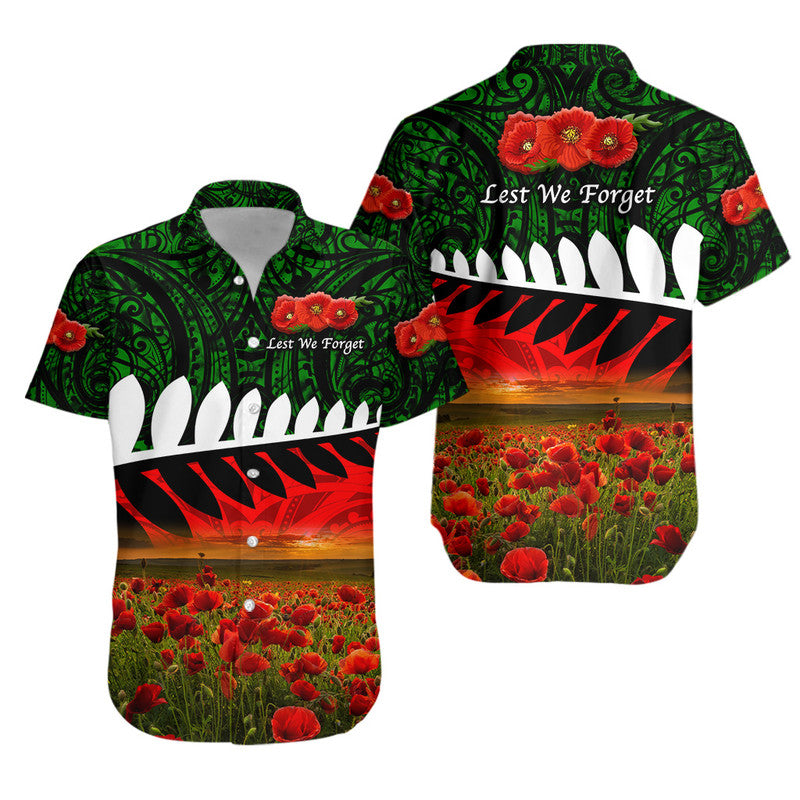 New Zealand Maori ANZAC Hawaiian Shirt Poppy Vibes - Green LT8 Unisex Green - Polynesian Pride