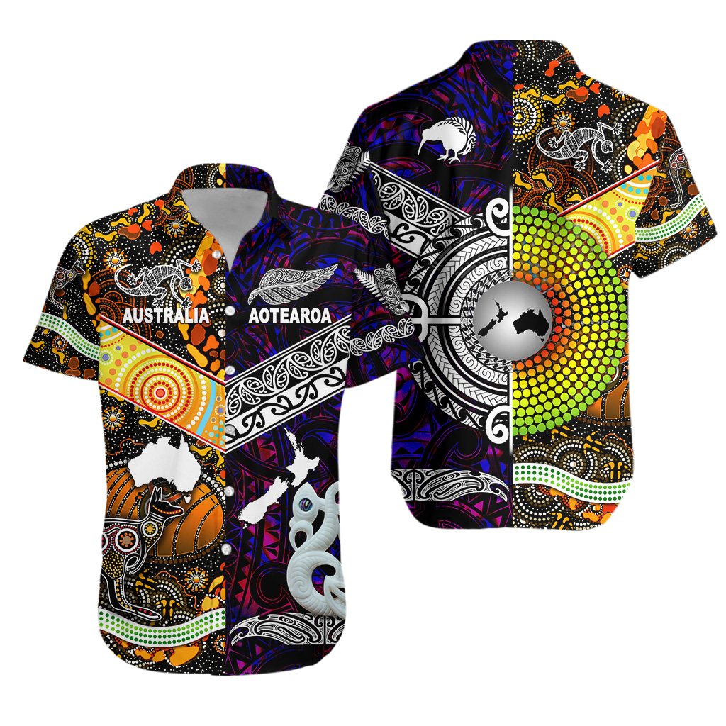 New Zealand Maori Aotearoa And Australia Aboriginal Hawaiian Shirt Together - Purple LT8 Unisex Black - Polynesian Pride