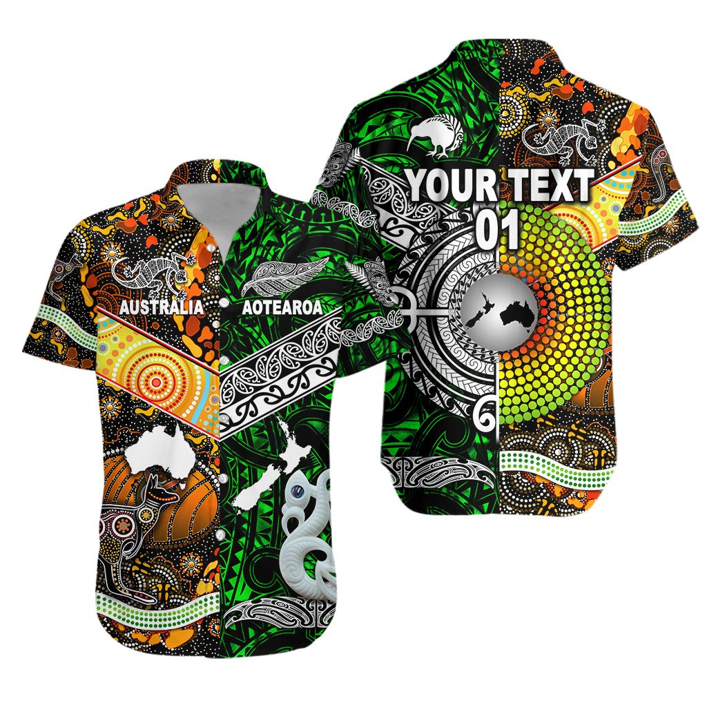 (Custom Personalised) New Zealand Maori Aotearoa And Australia Aboriginal Hawaiian Shirt Together - Green, Custom Text And Number LT8 Unisex Black - Polynesian Pride