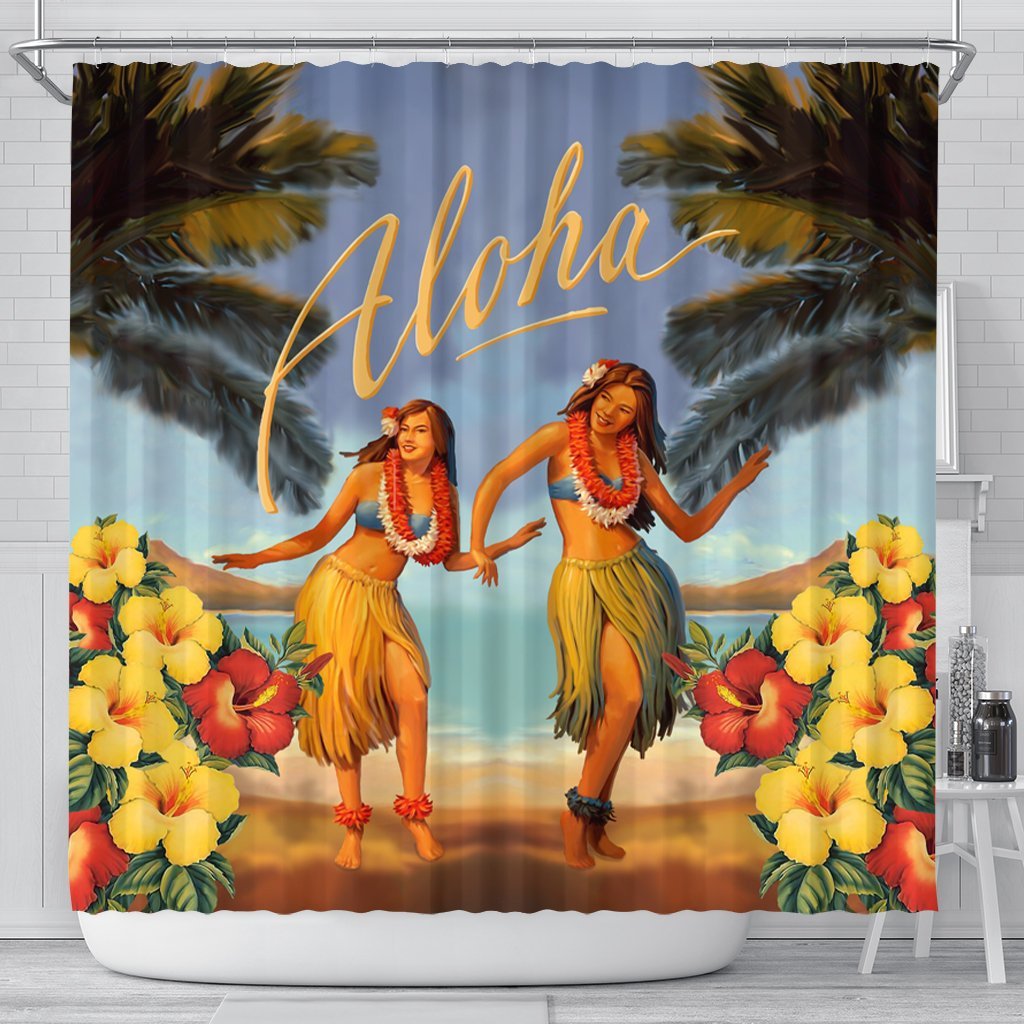 Hawaiian Aloha Hula Girl Hibiscus Polynesian Shower Curtain - AH 177 x 172 (cm) Black - Polynesian Pride