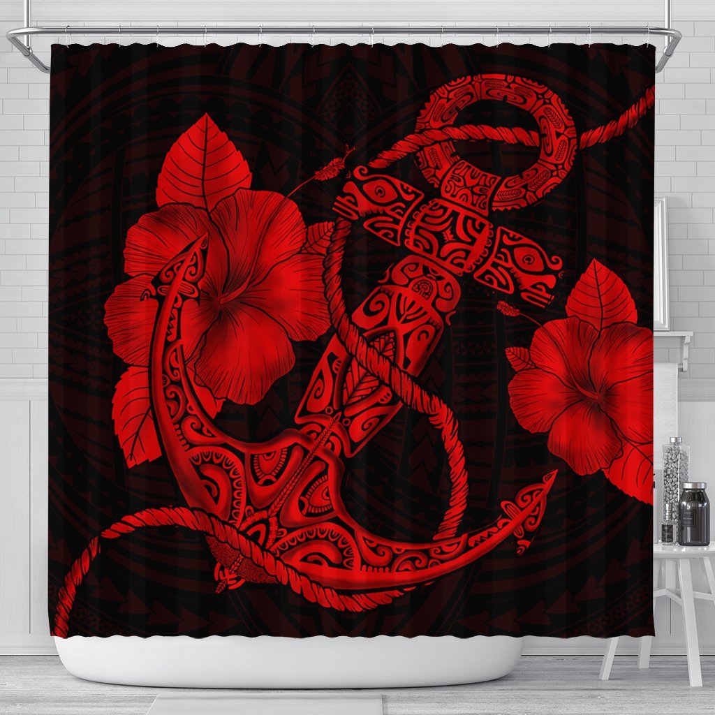 Hawaiian Anchor Poly Tribal Hibiscus Polynesian Shower Curtain Red - AH 177 x 172 (cm) Black - Polynesian Pride