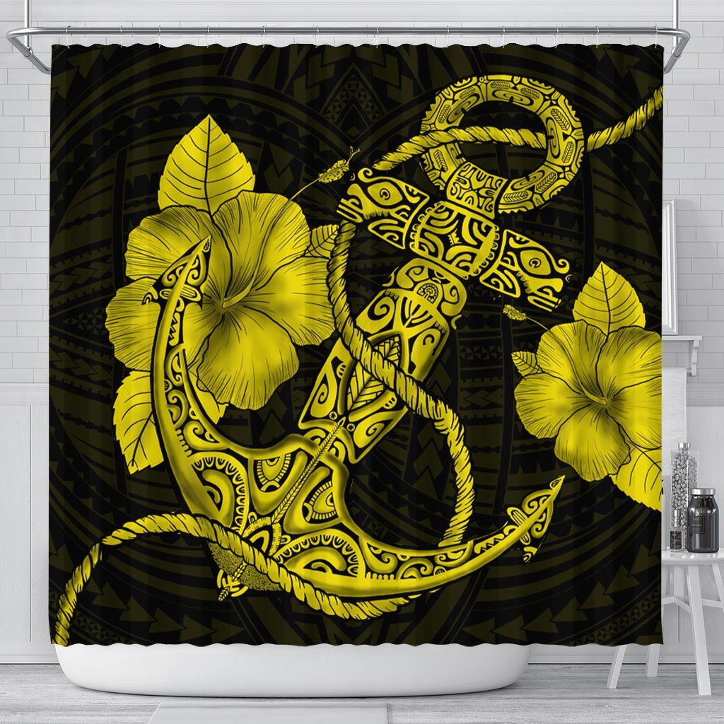 Hawaiian Anchor Poly Tribal Hibiscus Polynesian Shower Curtain Yellow - AH 177 x 172 (cm) Black - Polynesian Pride