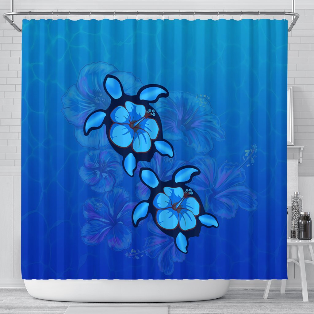 Hawaiian Blue Turtle and Hibiscus Polynesian Shower Curtain - AH 177 x 172 (cm) Black - Polynesian Pride