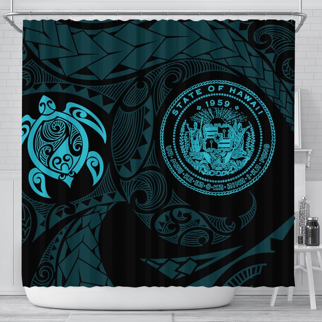 Hawaiian Coat Of Arms Turtle Polynesian Shower Curtain Blue AH 177 x 172 (cm) Black - Polynesian Pride