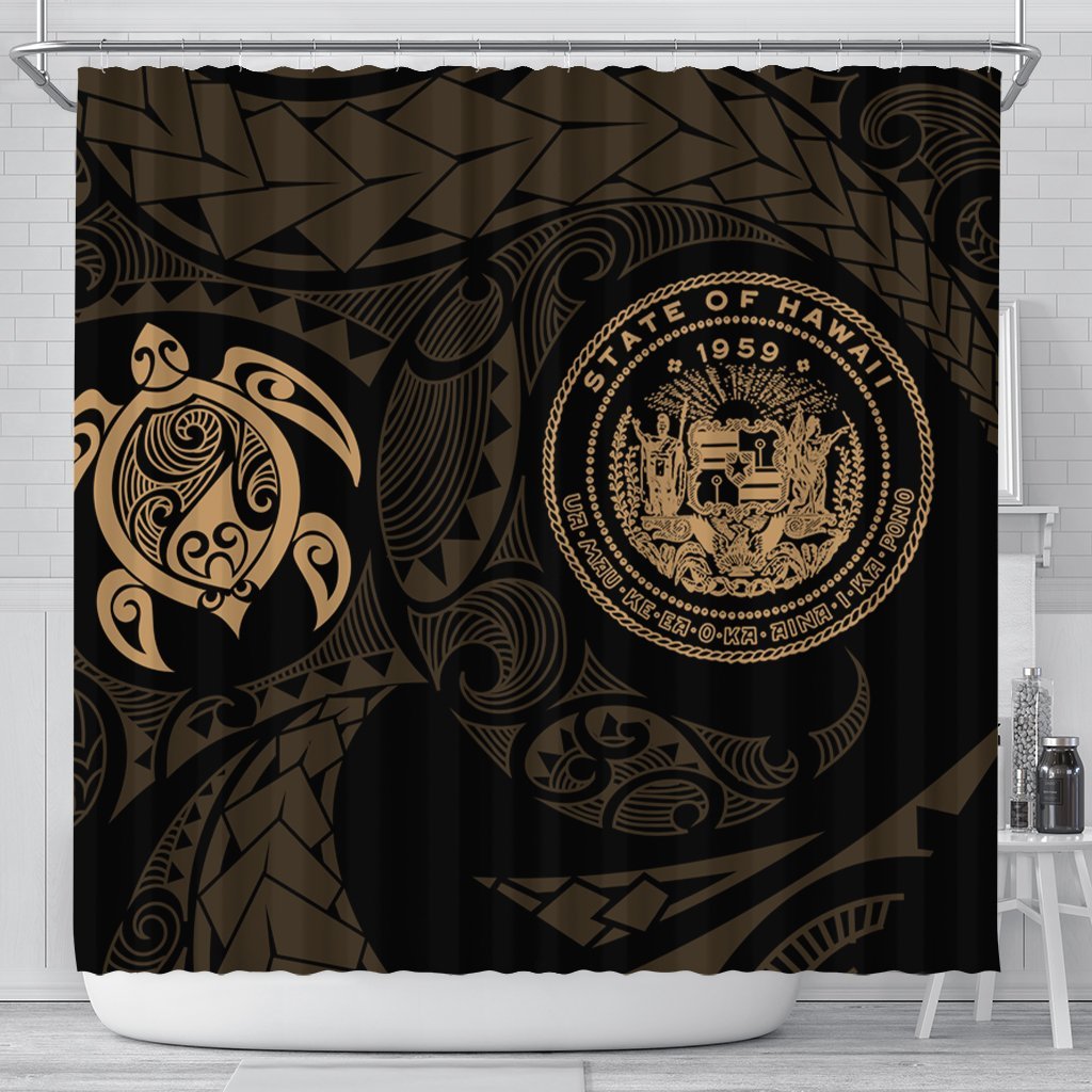 Hawaiian Coat Of Arms Turtle Polynesian Shower Curtain Gold AH 177 x 172 (cm) Black - Polynesian Pride