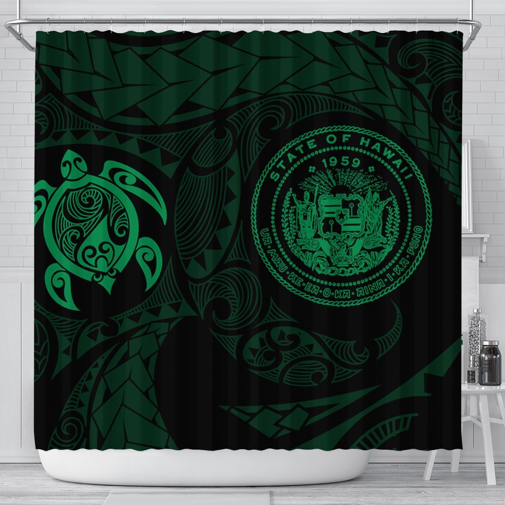 Hawaiian Coat Of Arms Turtle Polynesian Shower Curtain Green AH 177 x 172 (cm) Black - Polynesian Pride