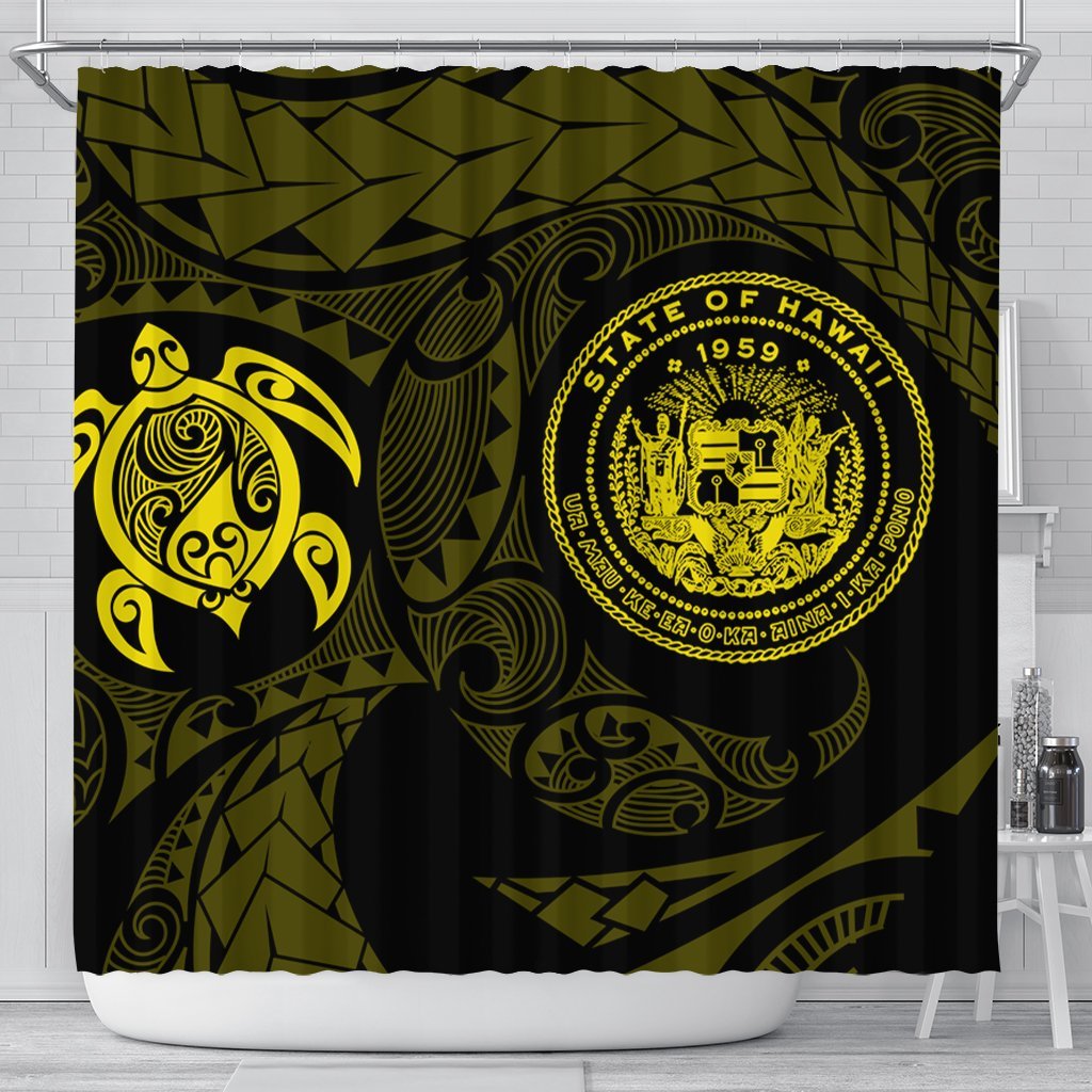 Hawaiian Coat Of Arms Turtle Polynesian Shower Curtain Yellow AH 177 x 172 (cm) Black - Polynesian Pride