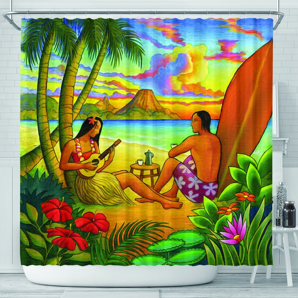 Hawaiian Couple Sing A Song On Beach Sunset Shower Curtain - AH 177 x 172 (cm) Black - Polynesian Pride