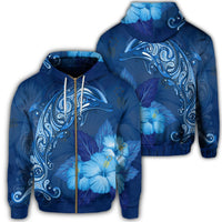 Hawaiian Dolphin Hibiscus Tropic Blue Polynesian Zip Hoodie Unisex Art - Polynesian Pride