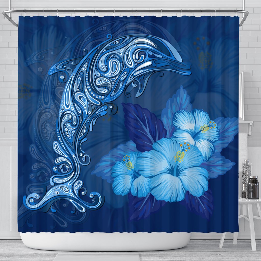 Hawaiian Dolphin Hibiscus Tropic Blue Polynesian Shower Curtain - AH 177 x 172 (cm) Black - Polynesian Pride