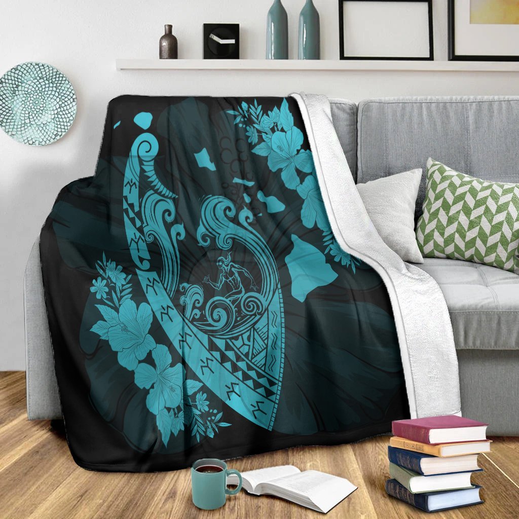 Hawaiian Fish Hook Hibiscus Banzai Surfing Polynesian Premium Blankets Blue - AH - Polynesian Pride