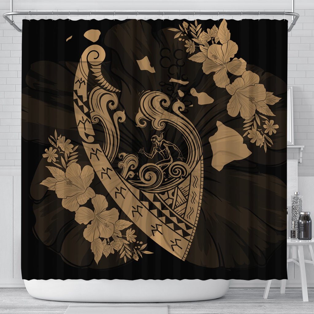 Hawaiian Fish Hook Hibiscus Banzai Surfing Polynesian Shower Curtain Gold - AH 177 x 172 (cm) Black - Polynesian Pride