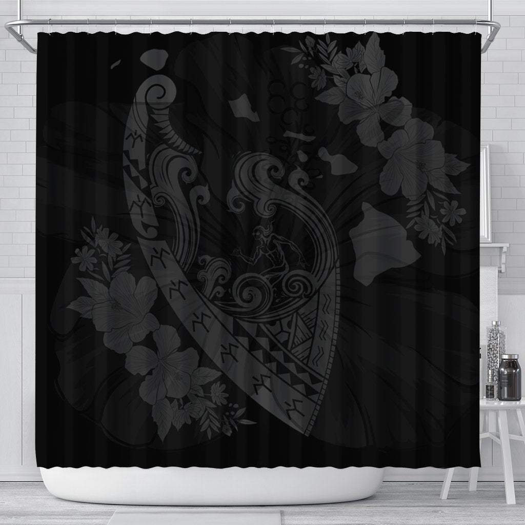 Hawaiian Fish Hook Hibiscus Banzai Surfing Polynesian Shower Curtain Grey - AH 177 x 172 (cm) Black - Polynesian Pride