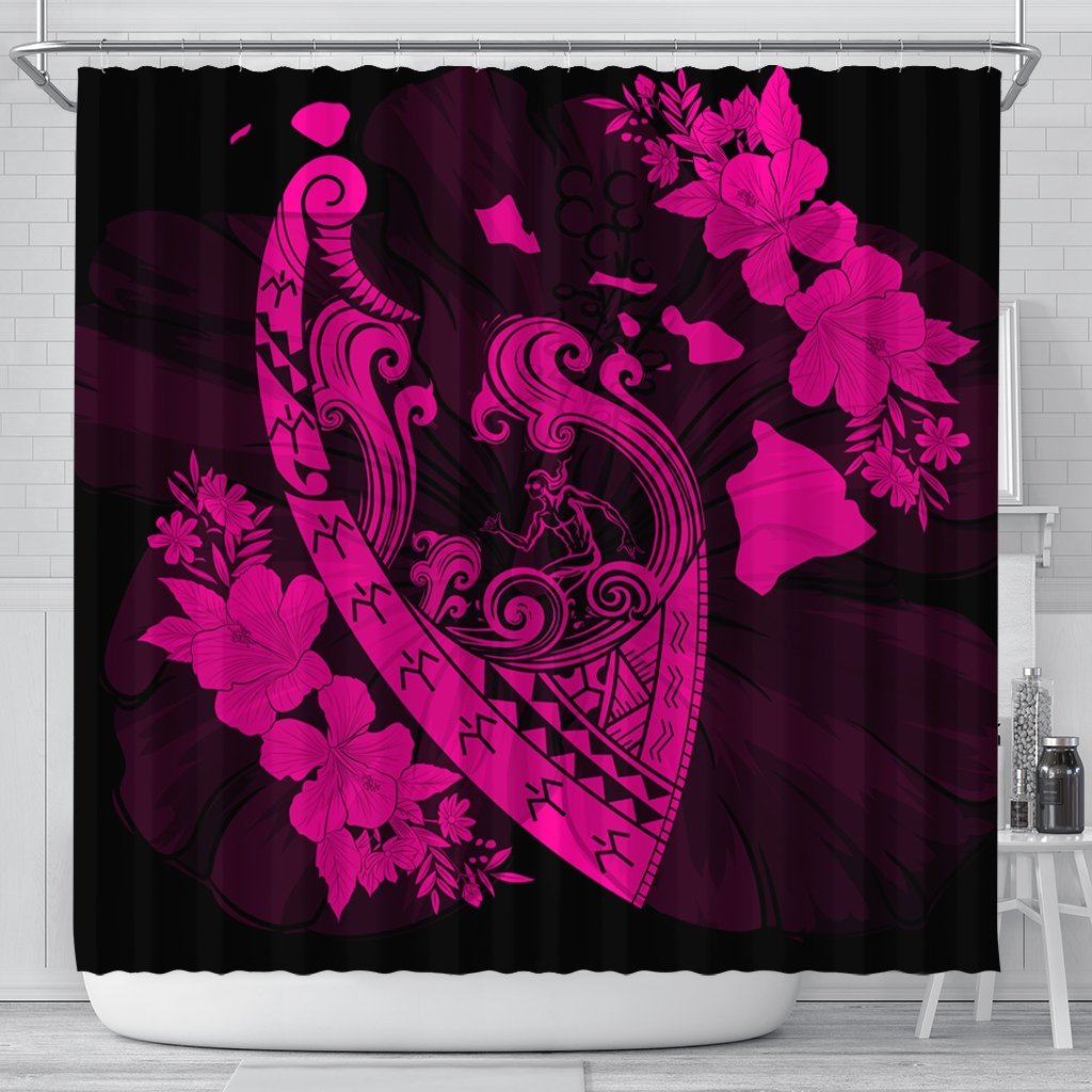 Hawaiian Fish Hook Hibiscus Banzai Surfing Polynesian Shower Curtain Pink - AH 177 x 172 (cm) Black - Polynesian Pride