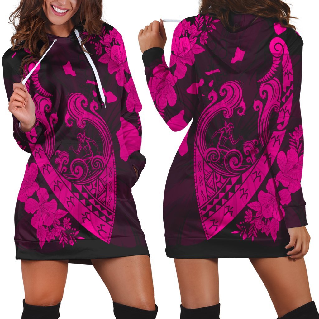 Hawaiian Fish Hook Hibiscus Banzai Surfing Polynesian Hoodie Dress Pink - AH Black - Polynesian Pride