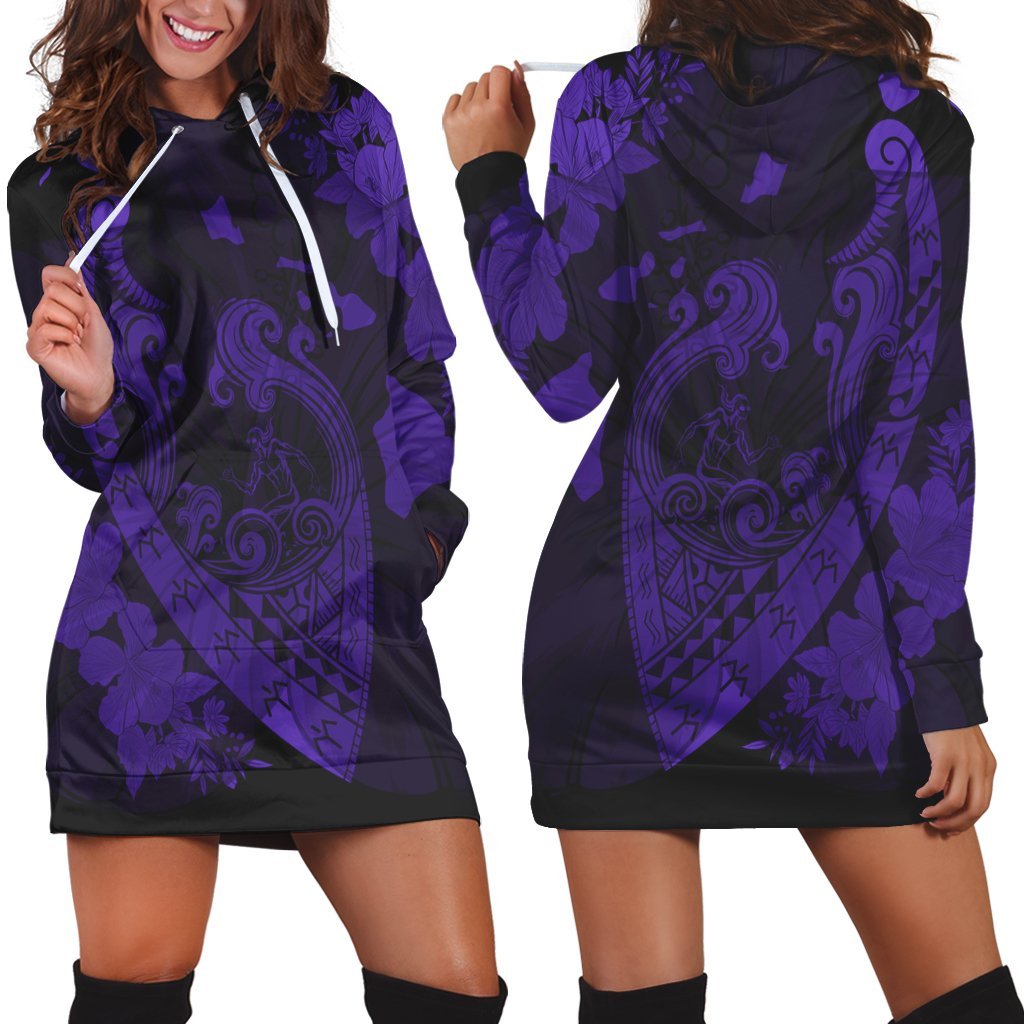 Hawaiian Fish Hook Hibiscus Banzai Surfing Polynesian Hoodie Dress Purple - AH Black - Polynesian Pride