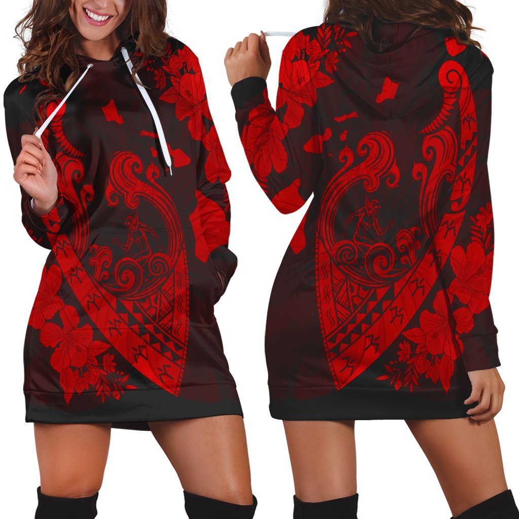 Hawaiian Fish Hook Hibiscus Banzai Surfing Polynesian Hoodie Dress Red - AH Black - Polynesian Pride