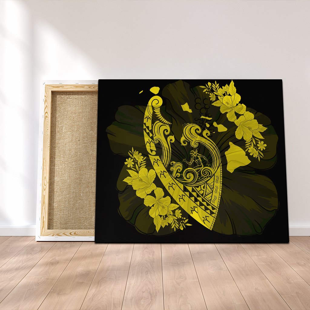 Hawaiian Fish Hook Hibiscus Banzai Surfing Polynesian Canvas Yellow - AH Canvas Poly-cotton - Polynesian Pride