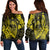 Hawaiian Fish Hook Hibiscus Banzai Surfing Polynesian Women's Off Shoulder Sweater Yellow - AH Black - Polynesian Pride