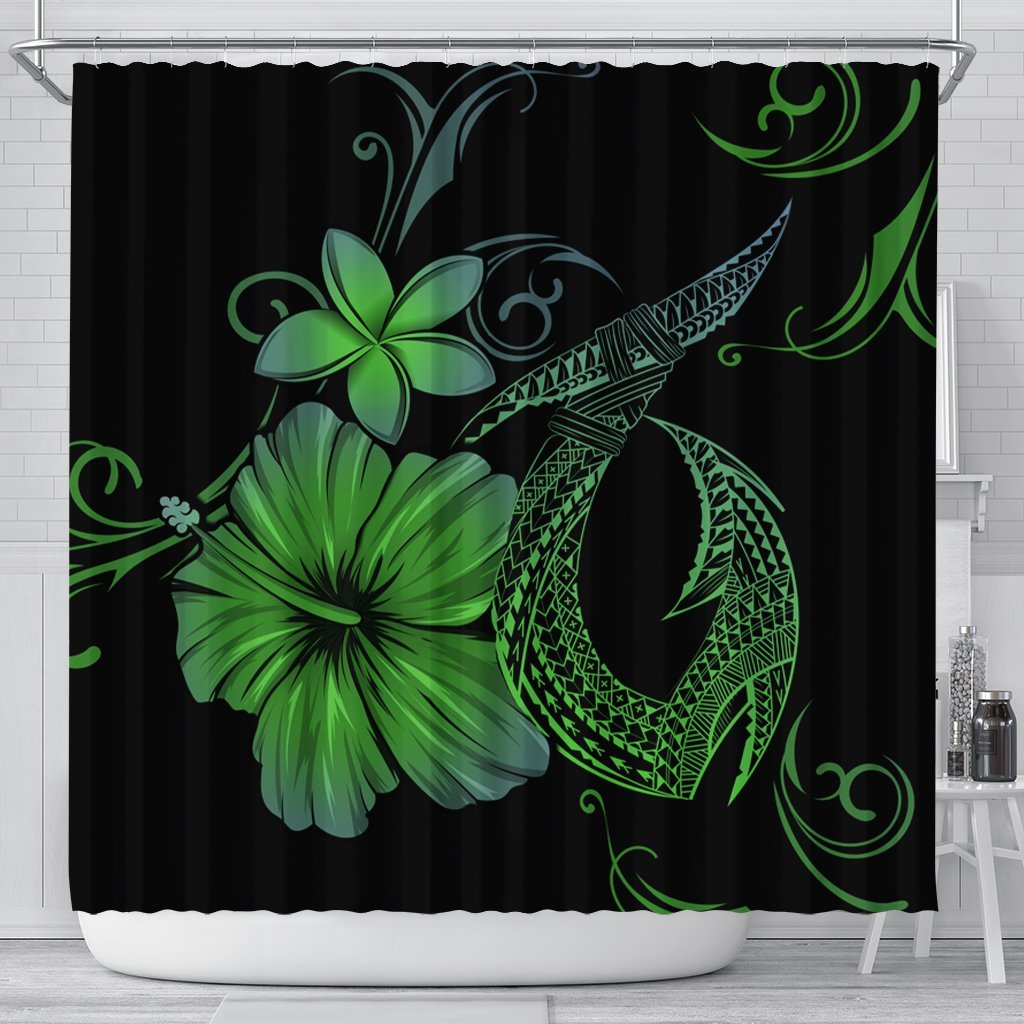 Hawaiian Fish Hook Hibiscus Plumeria Polynesian Shower Curtain - Green - AH 177 x 172 (cm) Black - Polynesian Pride