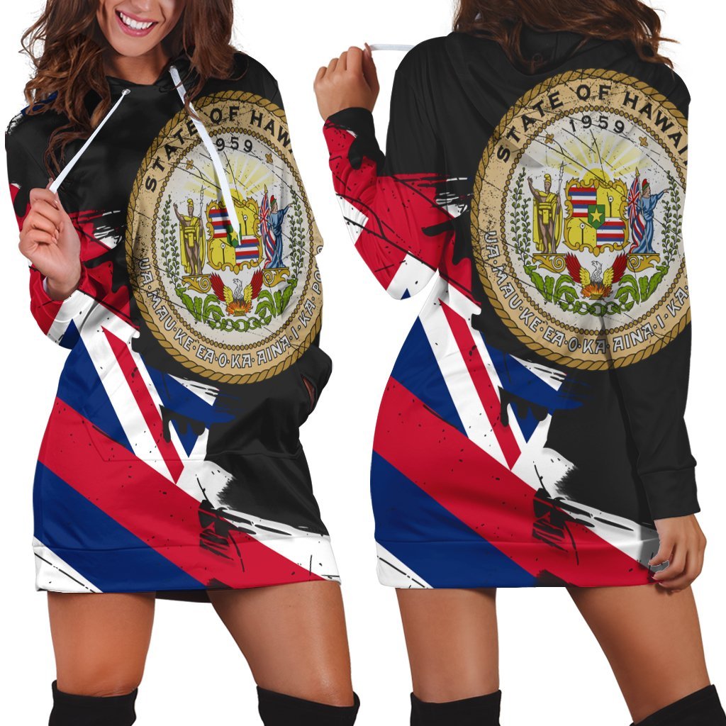 Hawaiian Flag Coat Of Arms Of Hawaii Polynesian Hoodie Dress - Classic Style Black - Polynesian Pride