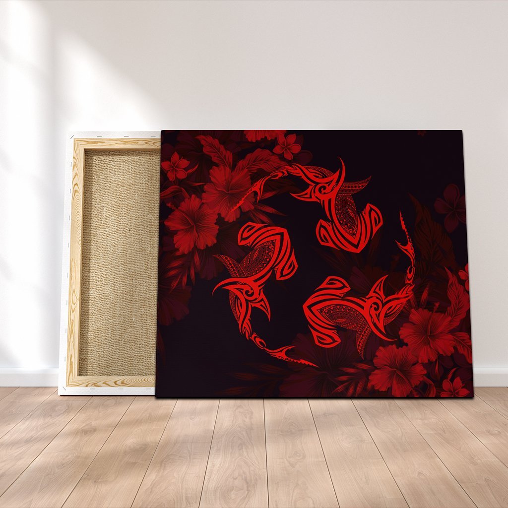 Hawaiian Hammerhead Shark Hibiscus Red Polynesian Canvas - AH Canvas Poly-cotton - Polynesian Pride