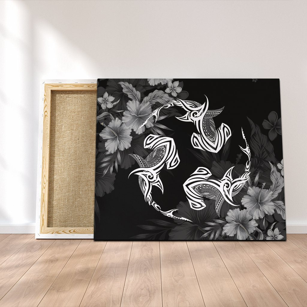 Hawaiian Hammerhead Shark Hibiscus White Polynesian Canvas - AH Canvas Poly-cotton - Polynesian Pride