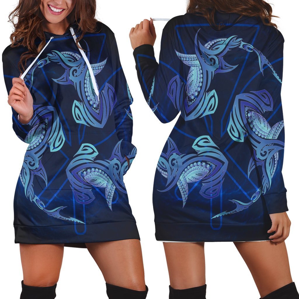 Hawaiian Hammerhead Shark Kanaka Galaxy Polynesian Hoodie Dress - AH Black - Polynesian Pride