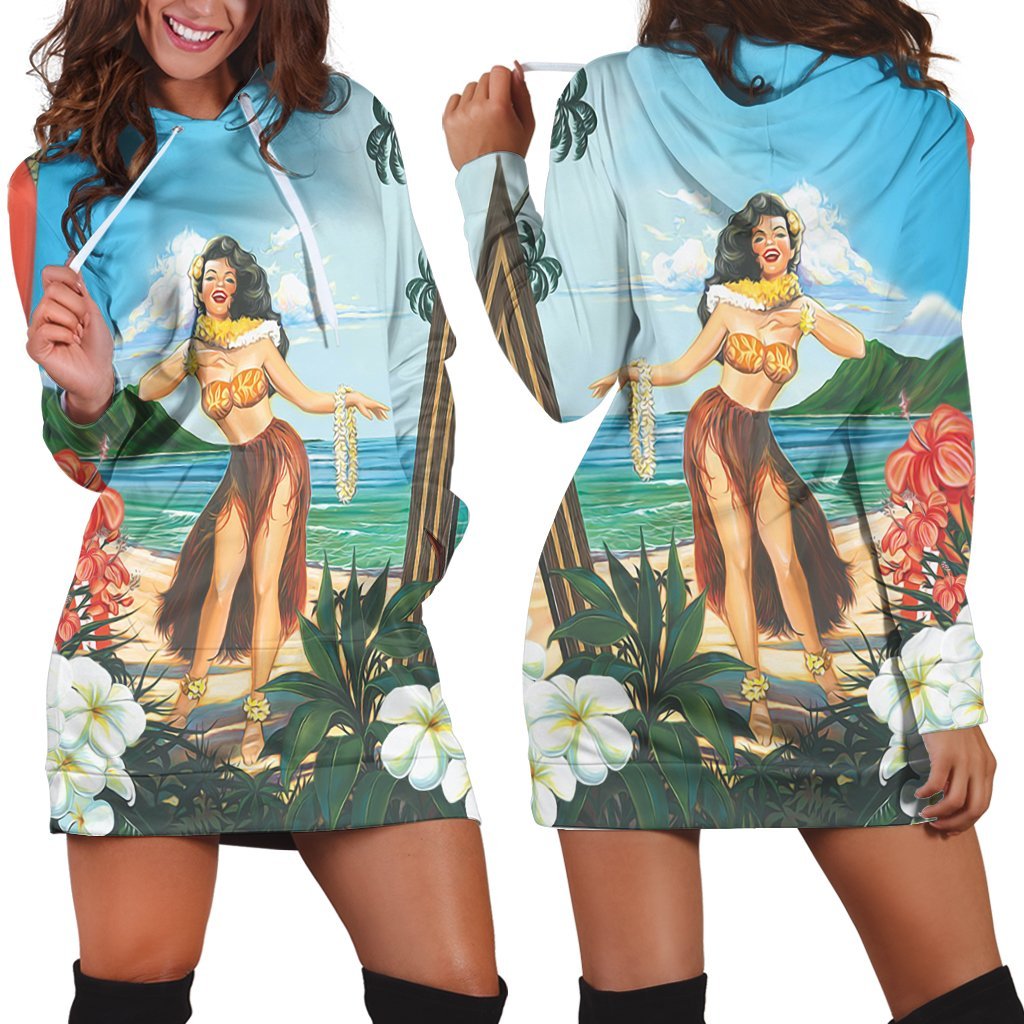 Hawaiian Hibiscus Aloha Hula Girl Dance On The Beach Hoodie Dress - AH Black - Polynesian Pride