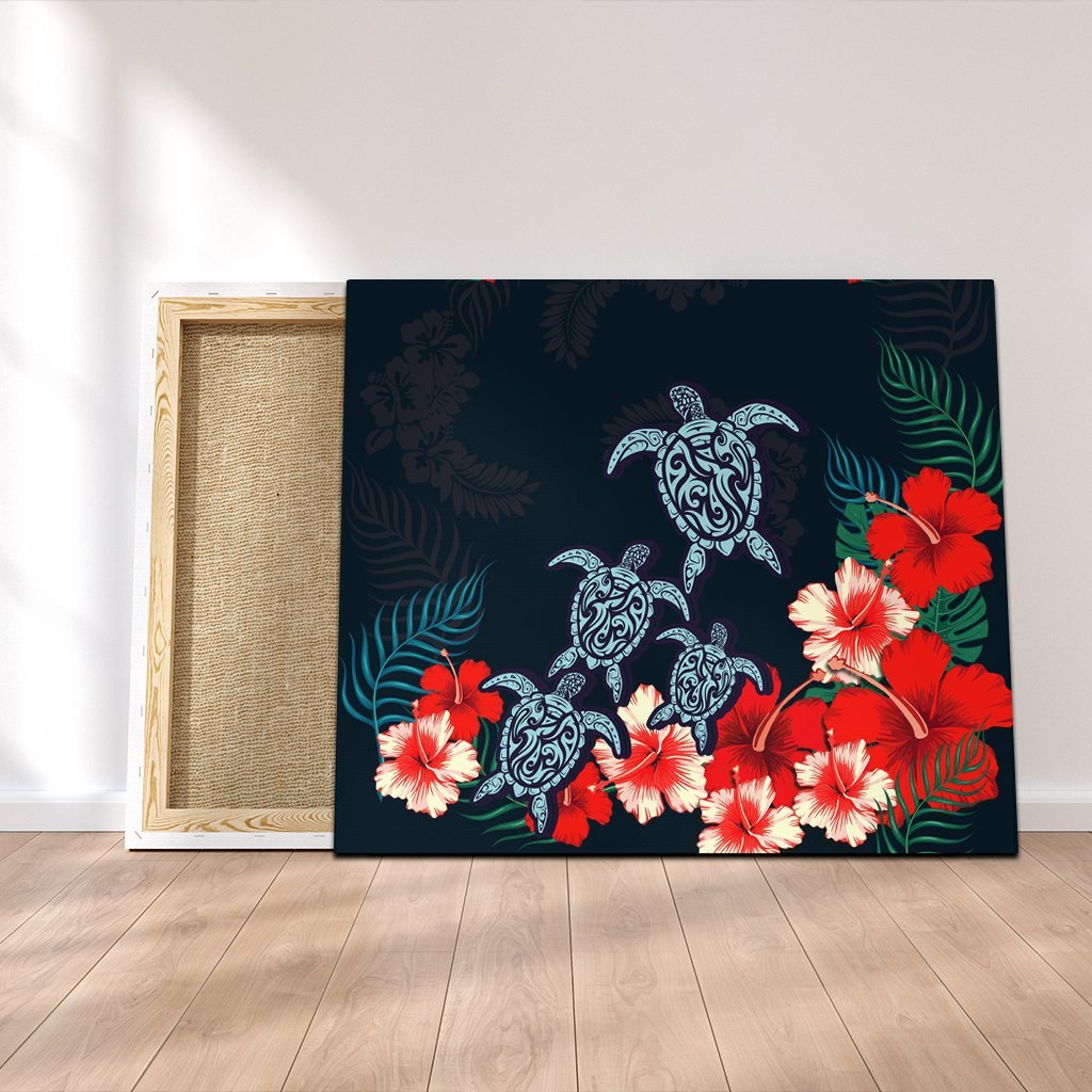 Hawaiian Hibiscus And Turtle Polynesian Canvas - AH Canvas Poly-cotton - Polynesian Pride