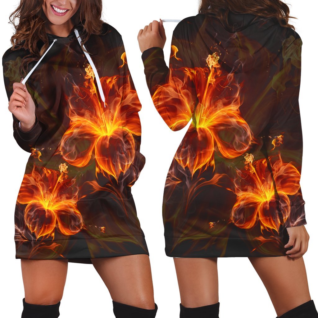 Hawaiian Hibiscus Fire Polynesian Hoodie Dress - AH Black - Polynesian Pride