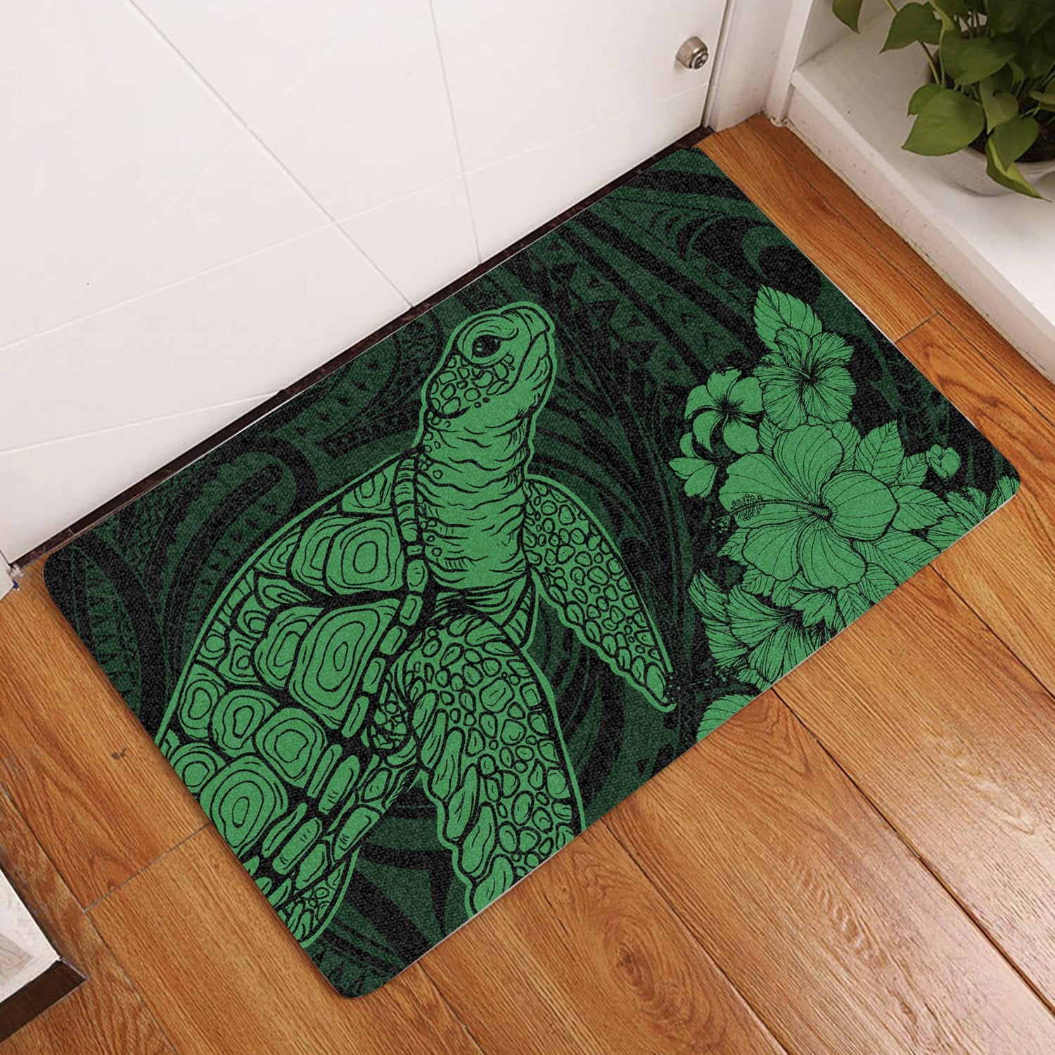 Hawaiian Hibiscus Memory Polynesian Turtle Door Mat Green AH Door Mat Green - Polynesian Pride