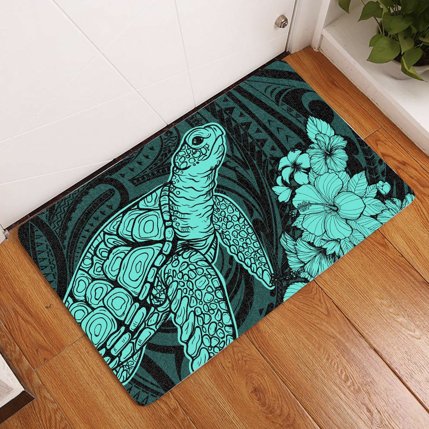 Hawaiian Hibiscus Memory Polynesian Turtle Door Mat Turquoise AH Door Mat Turquoise - Polynesian Pride