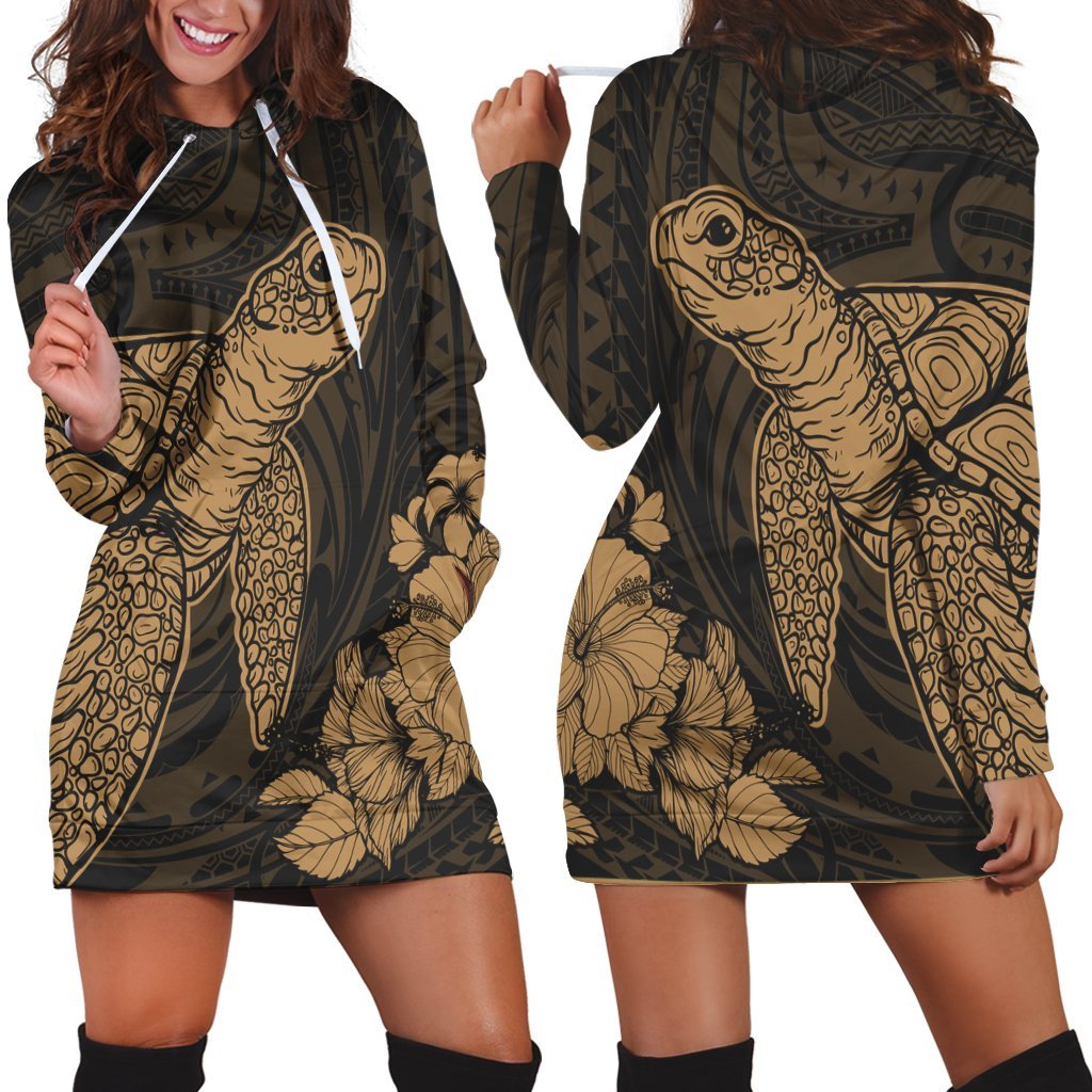 Hawaiian Hibiscus Memory Turtle Polynesian Hoodie Dress Gold - AH Black - Polynesian Pride